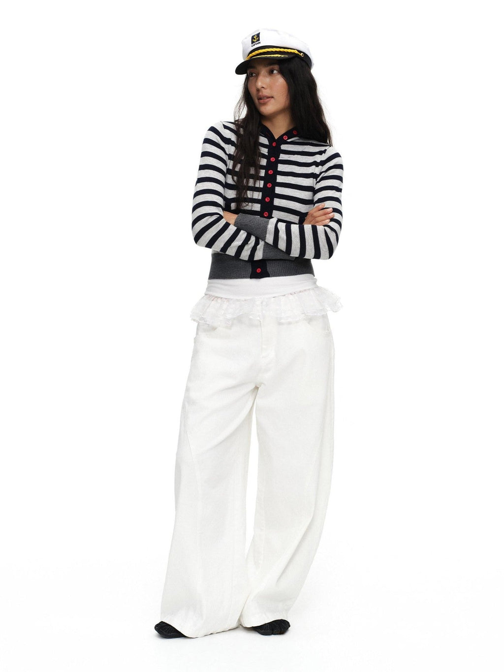 Navy Stripe Hooded Colorblock Retro Knit Women'S Cotton Button-Up Cardigans