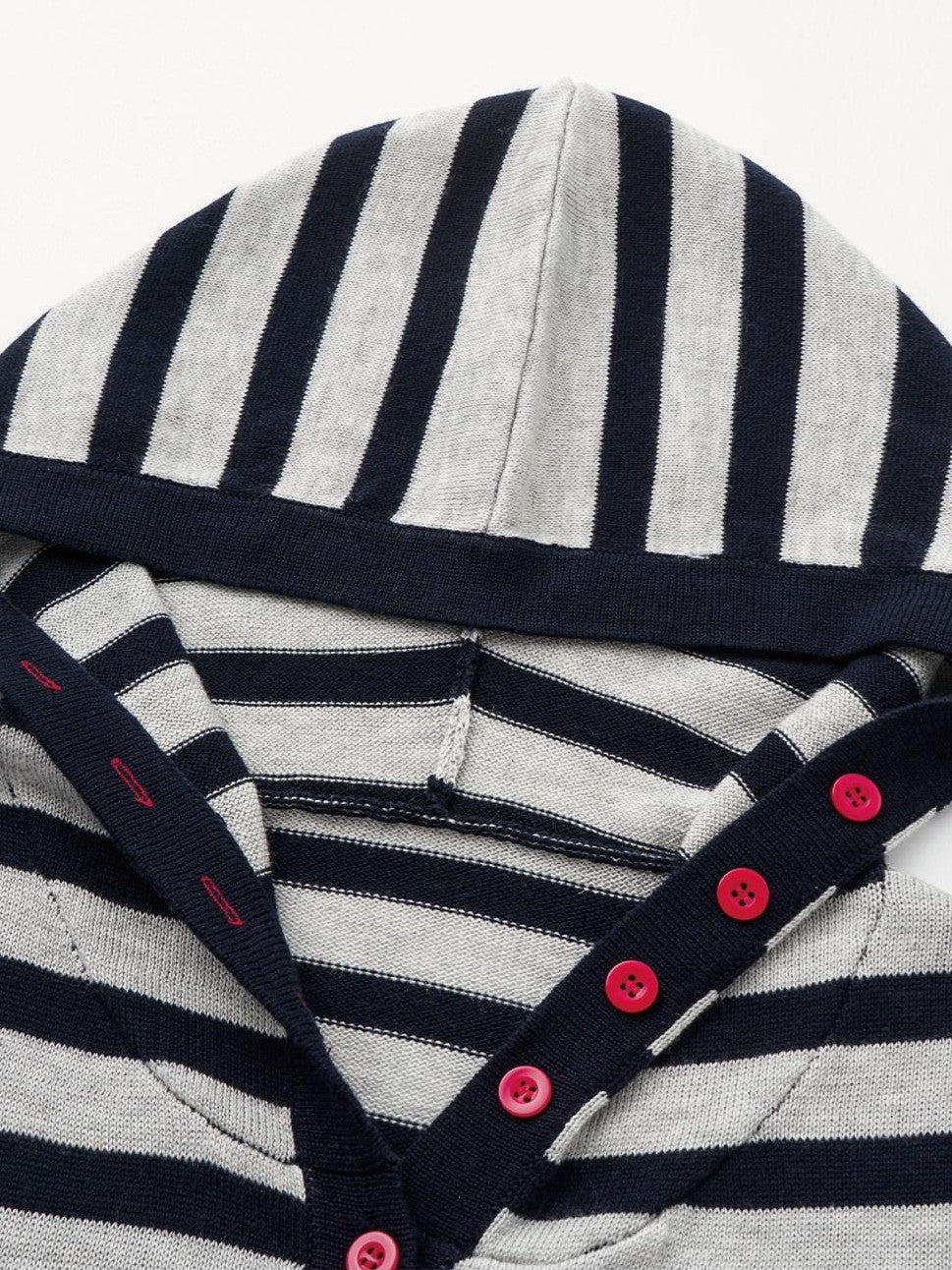 Navy Stripe Hooded Colorblock Retro Knit Women'S Cotton Button-Up Cardigans