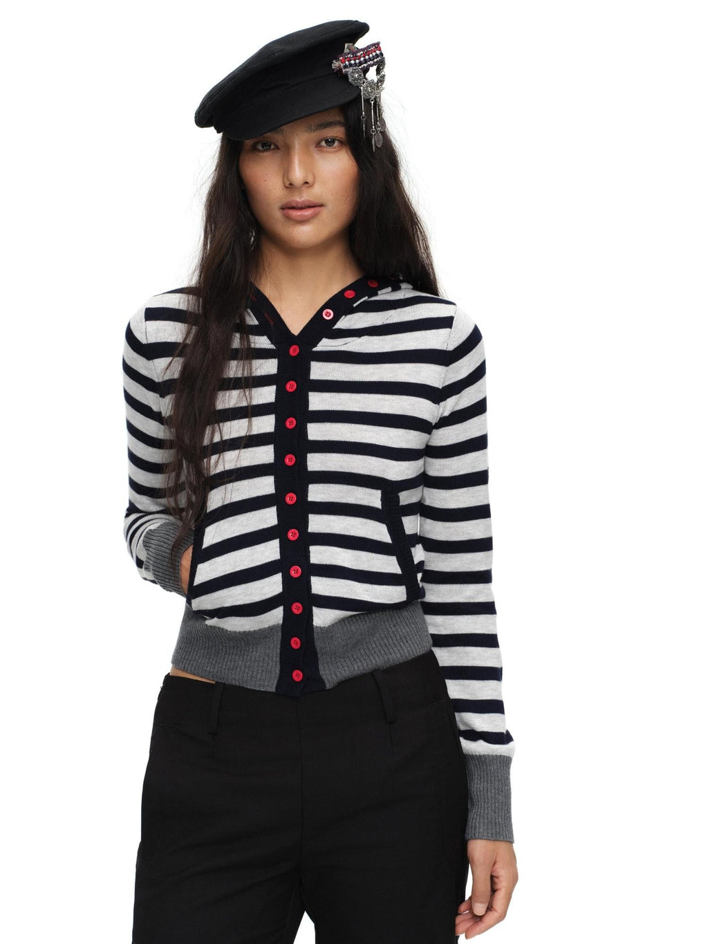 Navy Stripe Hooded Colorblock Retro Knit Women'S Cotton Button-Up Cardigans