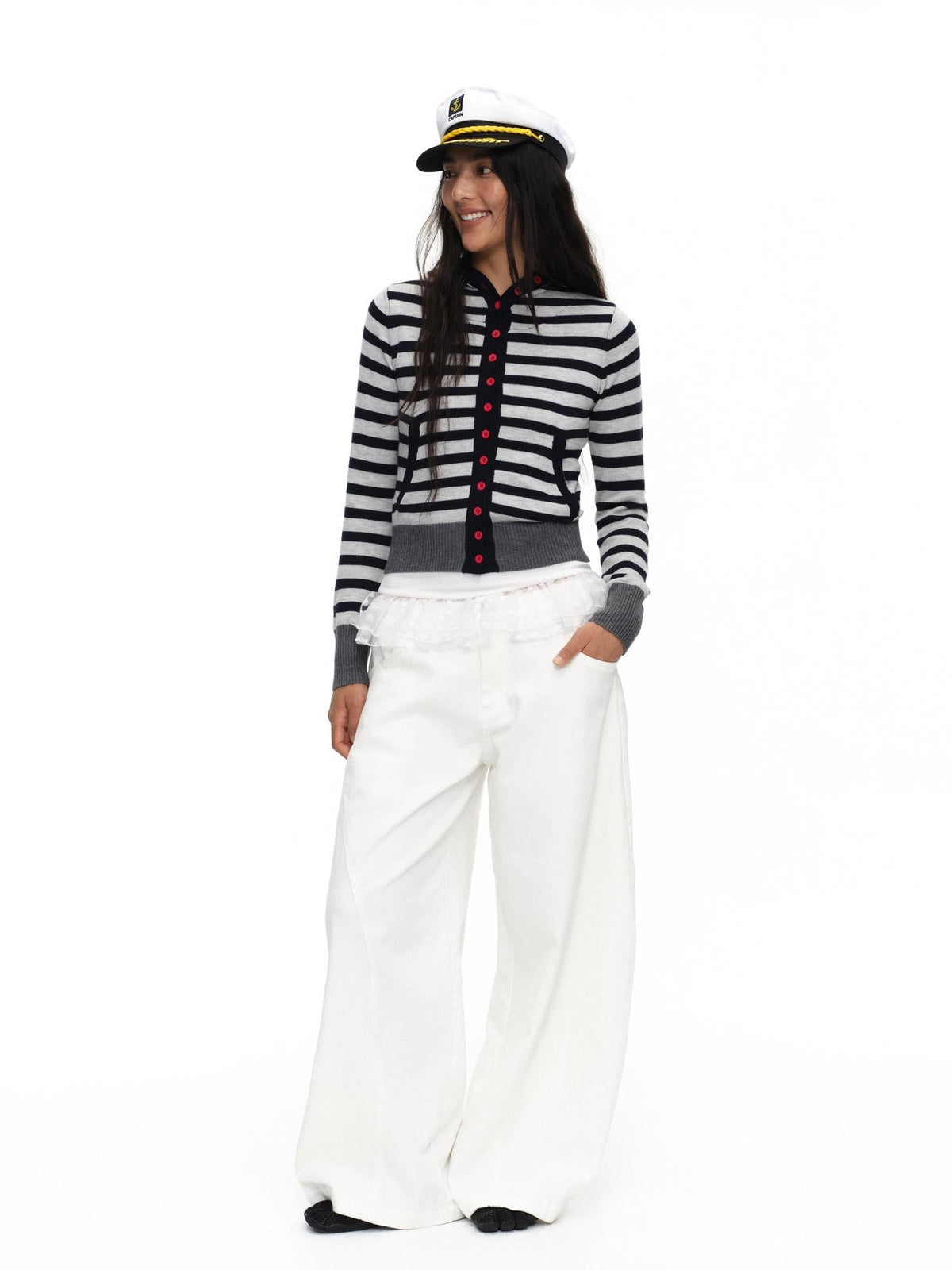 Navy Stripe Hooded Colorblock Retro Knit Women'S Cotton Button-Up Cardigans