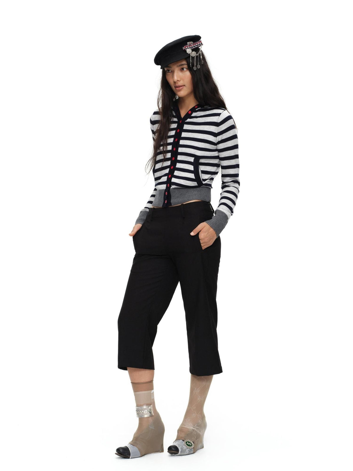 Navy Stripe Hooded Colorblock Retro Knit Women'S Cotton Button-Up Cardigans
