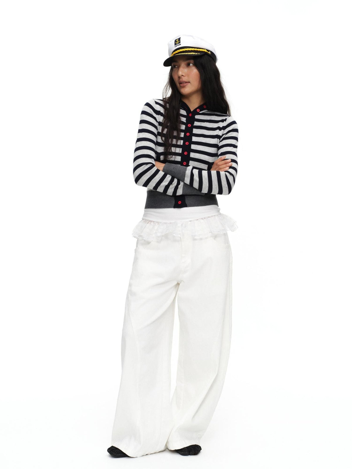 Navy Stripe Hooded Colorblock Retro Knit Women'S Cotton Button-Up Cardigans