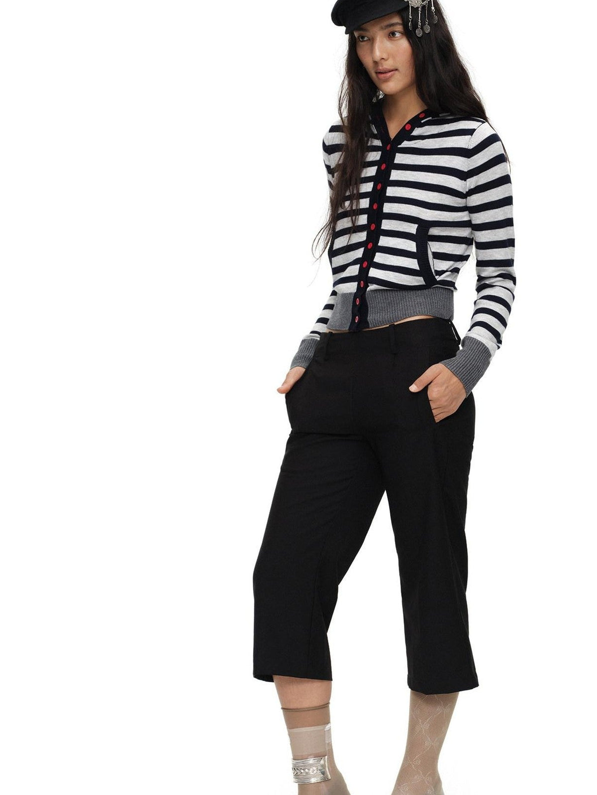 Navy Stripe Hooded Colorblock Retro Knit Women'S Cotton Button-Up Cardigans