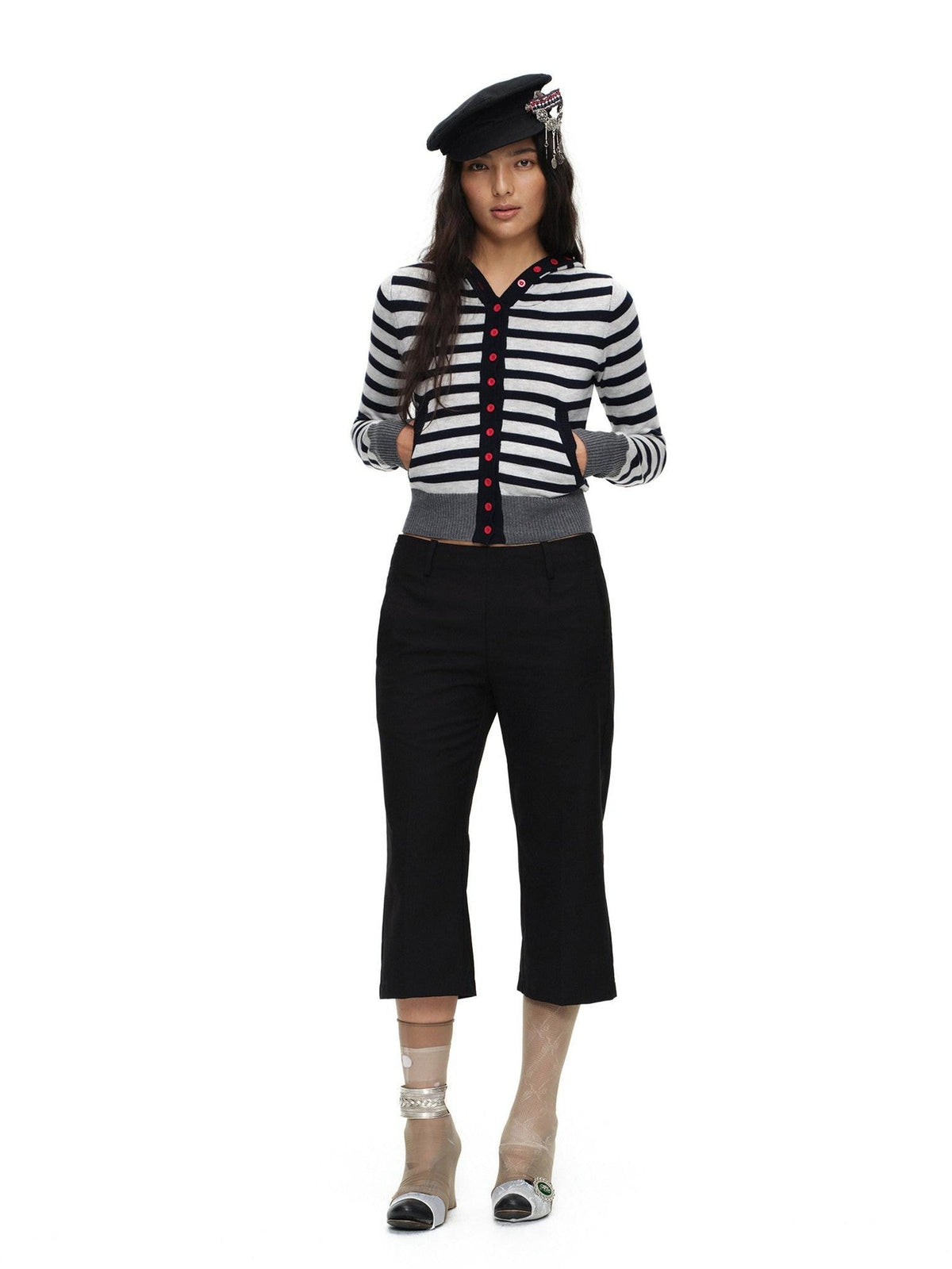 Navy Stripe Hooded Colorblock Retro Knit Women'S Cotton Button-Up Cardigans