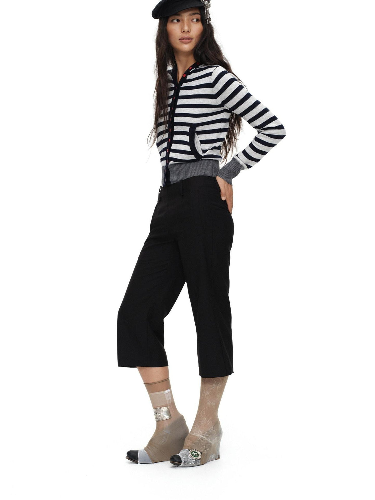 Navy Stripe Hooded Colorblock Retro Knit Women'S Cotton Button-Up Cardigans