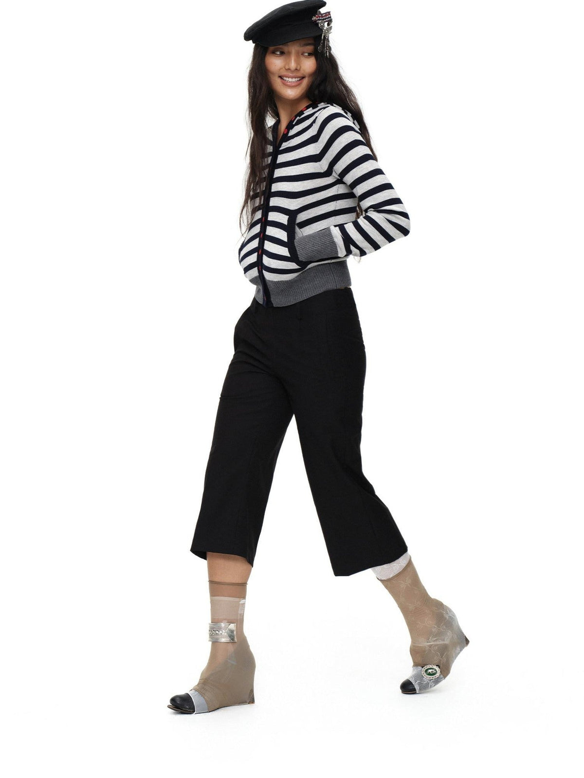 Navy Stripe Hooded Colorblock Retro Knit Women'S Cotton Button-Up Cardigans