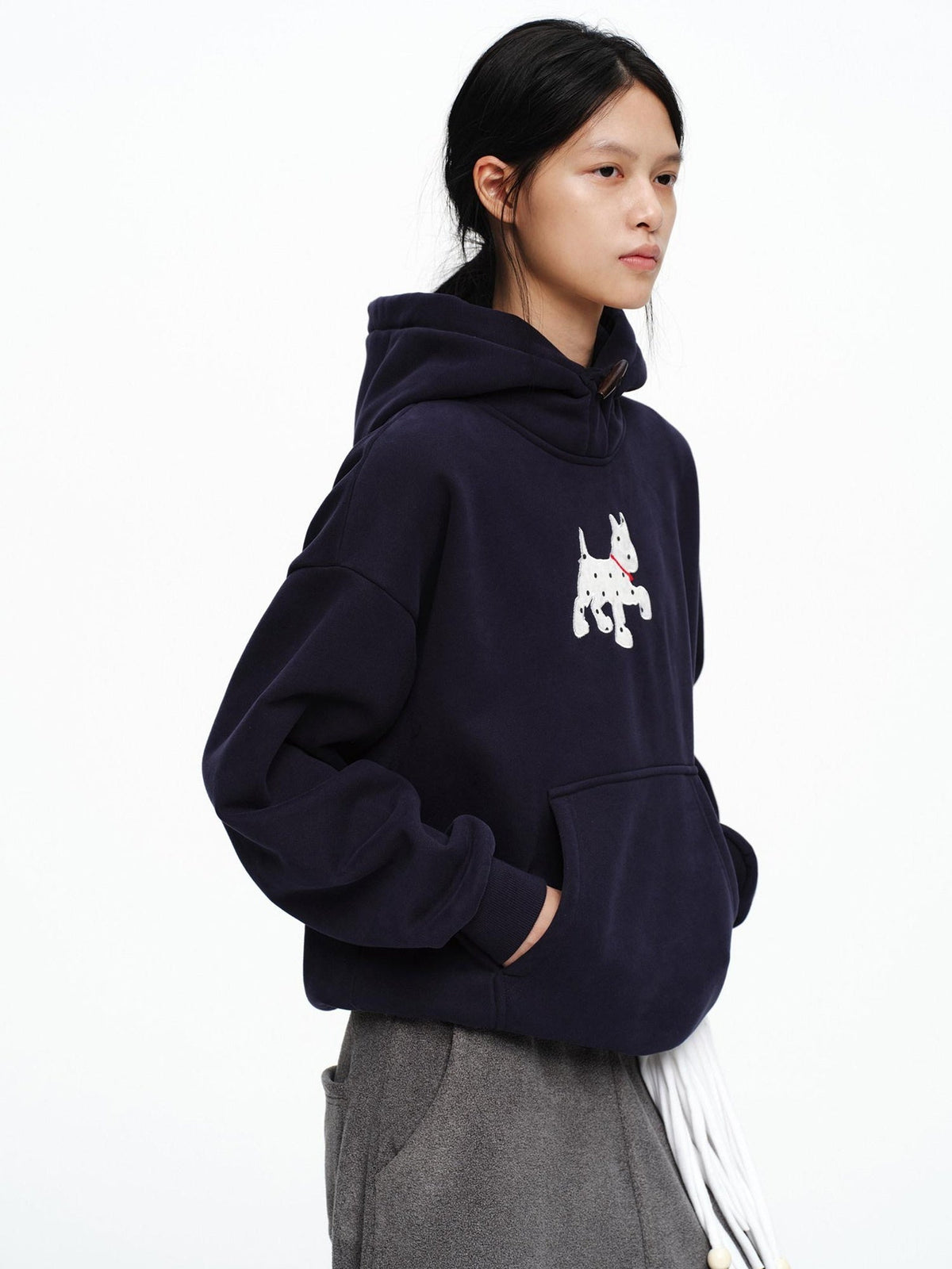 Organic Cotton Fleece Loose Fit Patch Detail Unisex Cartoon Dog Print Hoodies