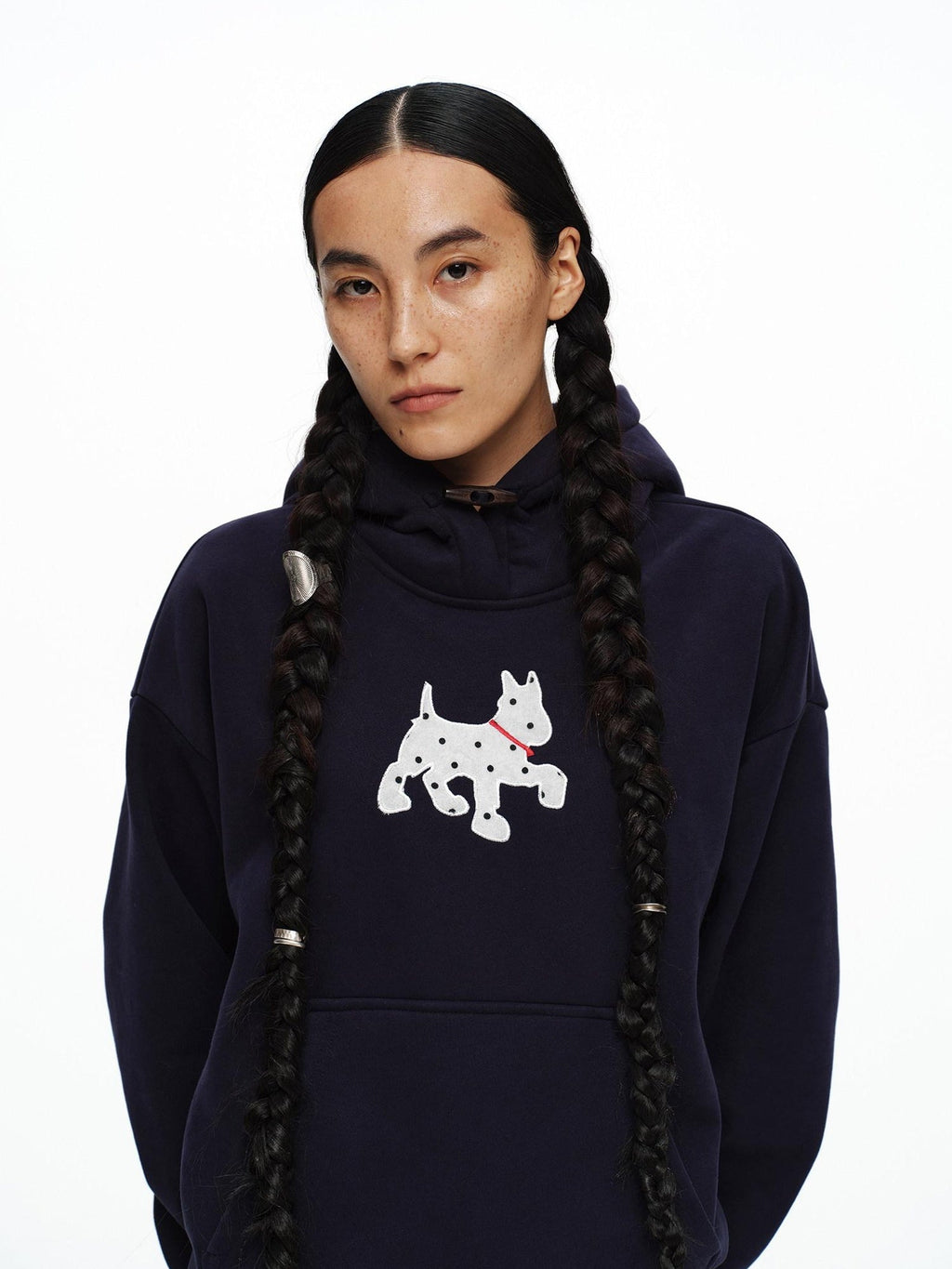 Organic Cotton Fleece Loose Fit Patch Detail Unisex Cartoon Dog Print Hoodies