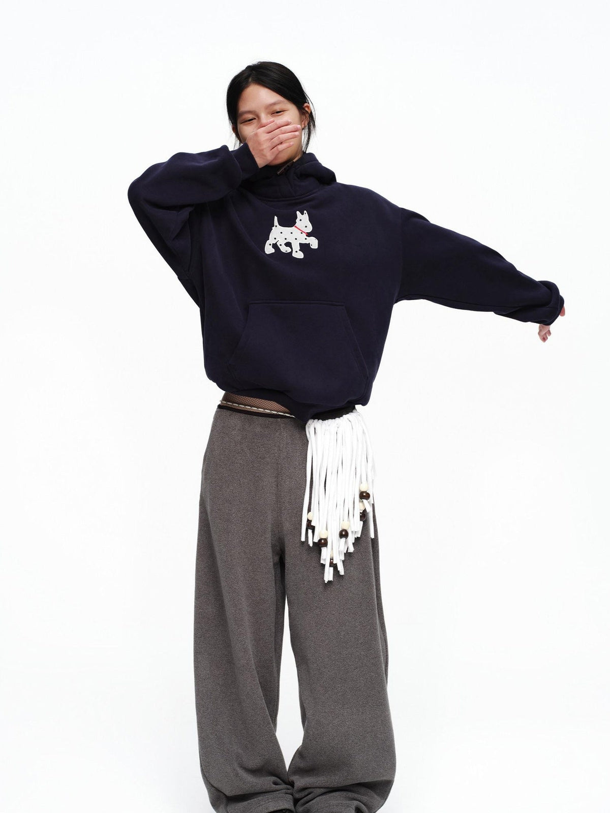 Organic Cotton Fleece Loose Fit Patch Detail Unisex Cartoon Dog Print Hoodies