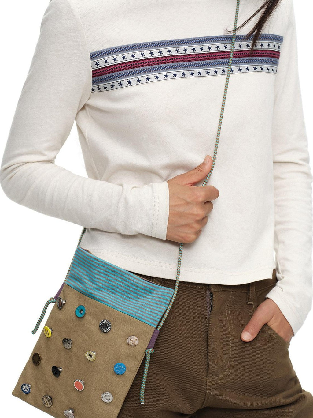 Playful Button Badge Colorblock Stripe Square Women's Cotton Shoulder Bags