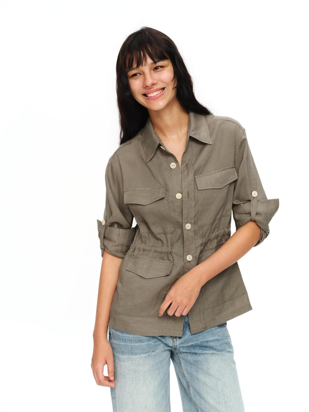 Rolled Sleeve Hunter Jacket Waist Cinch Women's Lyocell Linen Overshirts