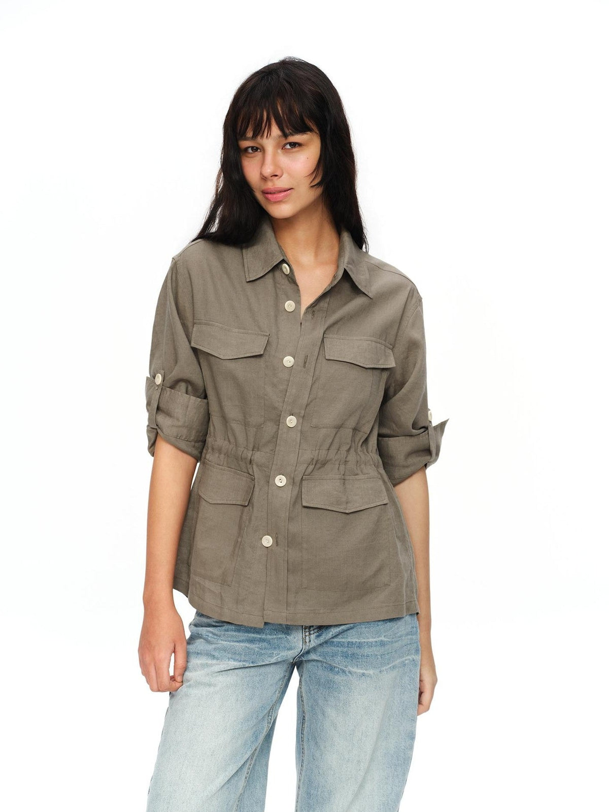 Rolled Sleeve Hunter Jacket Waist Cinch Women's Lyocell Linen Overshirts