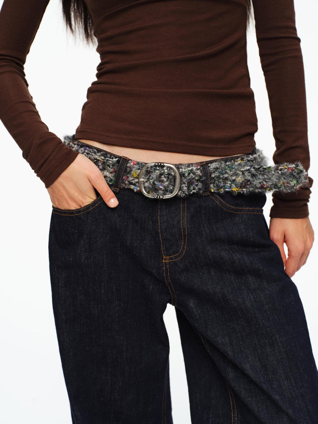 Slim Woven Casual Minimalist Unisex Speckled Gray Pu Metal Pin Buckle Belt