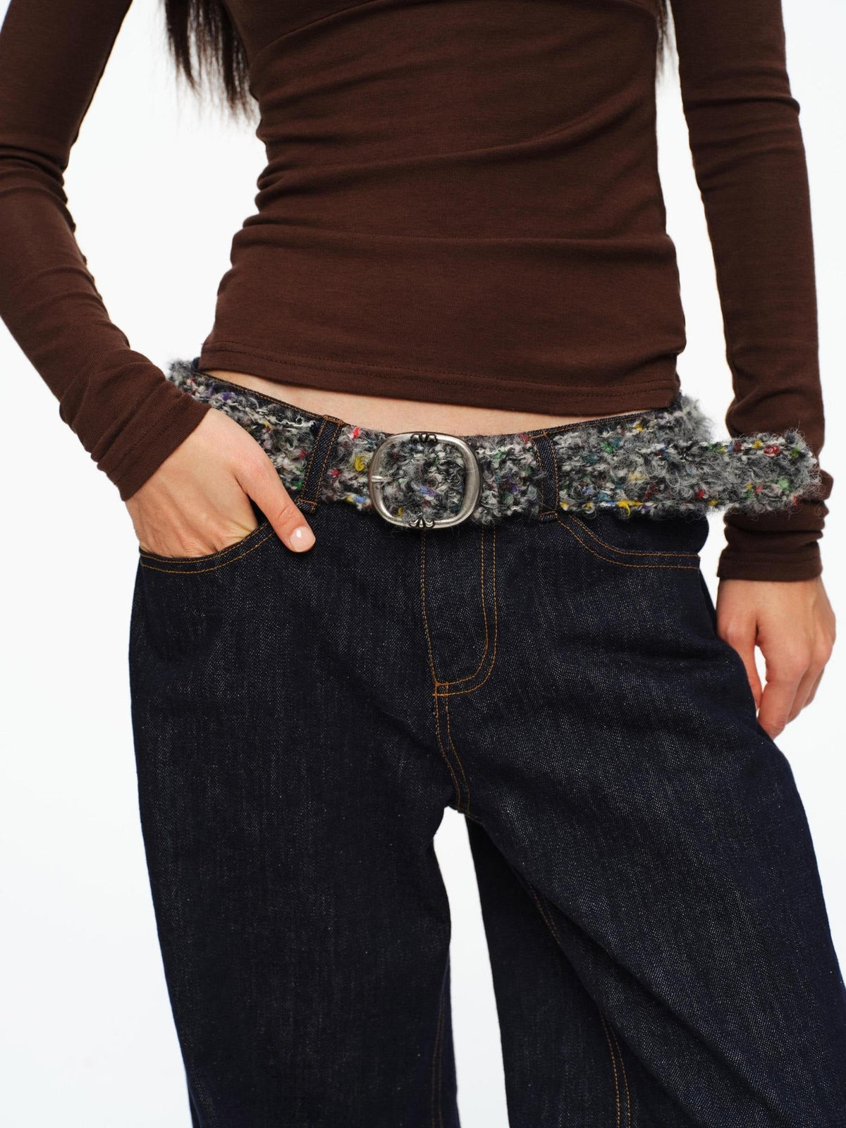 Slim Woven Casual Minimalist Unisex Speckled Gray Pu Metal Pin Buckle Belt