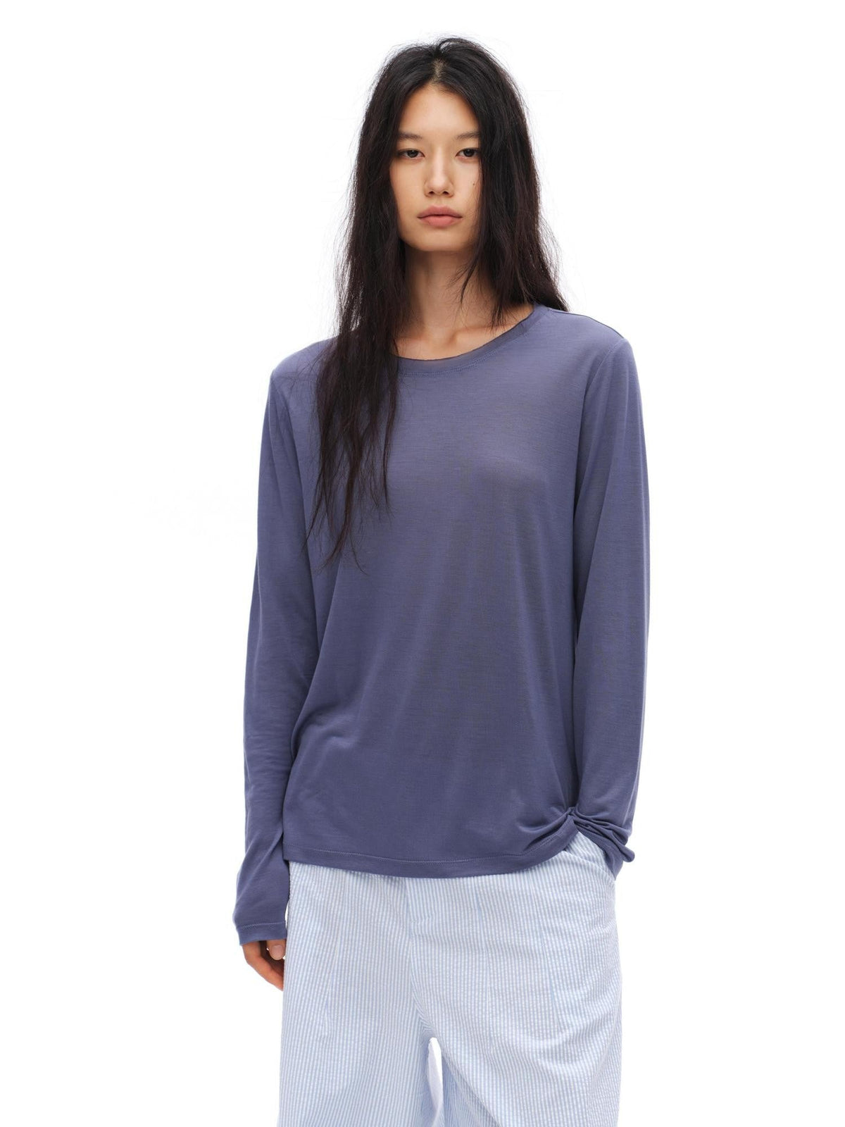 Smoky Purple Drapey Uv Protection Crewneck Women's Lyocell Long Sleeve T-shirts