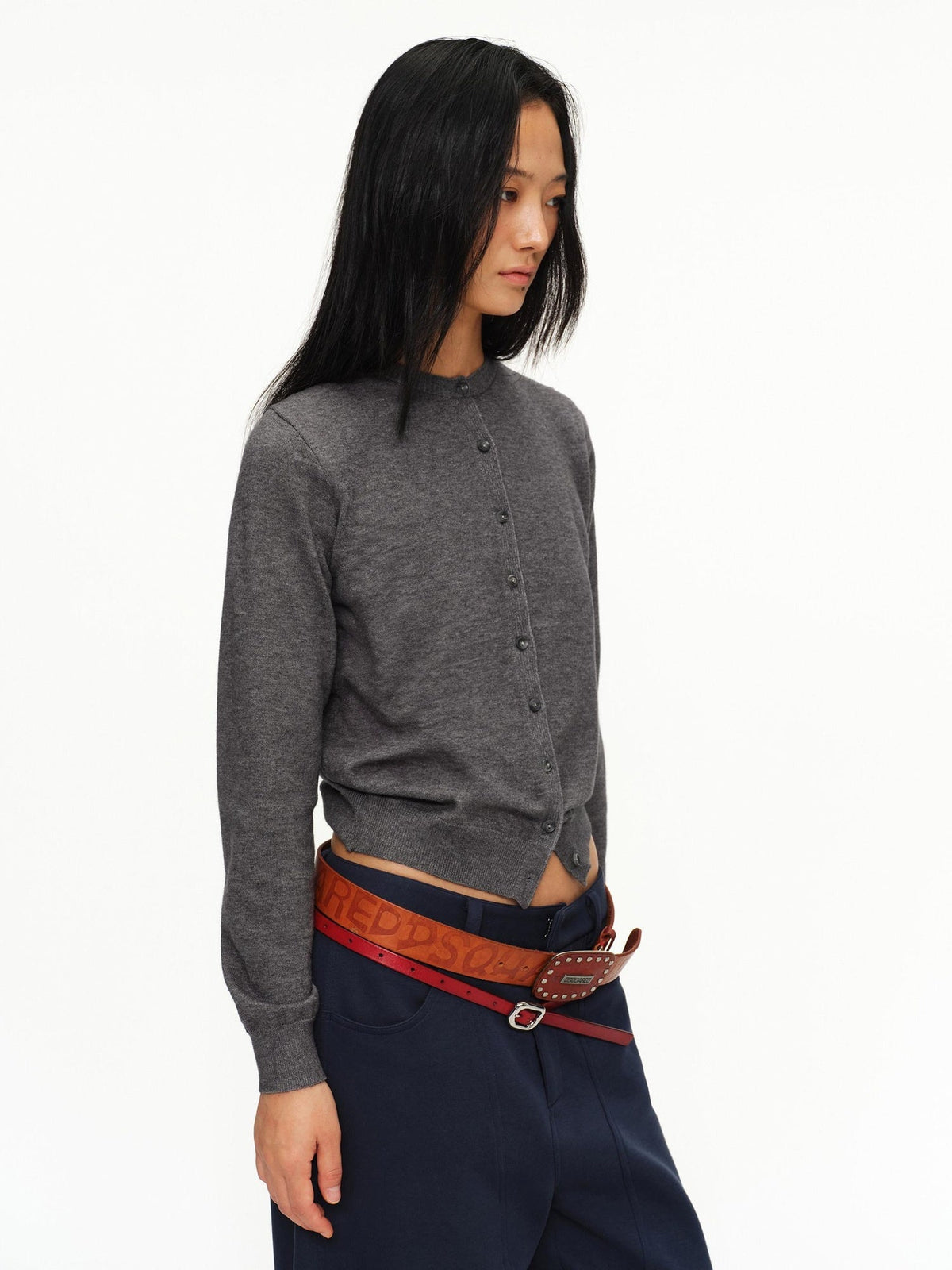 Soft Viscose Button Cropped Crew Neck Long Sleeve Women Heather Grey Cardigans