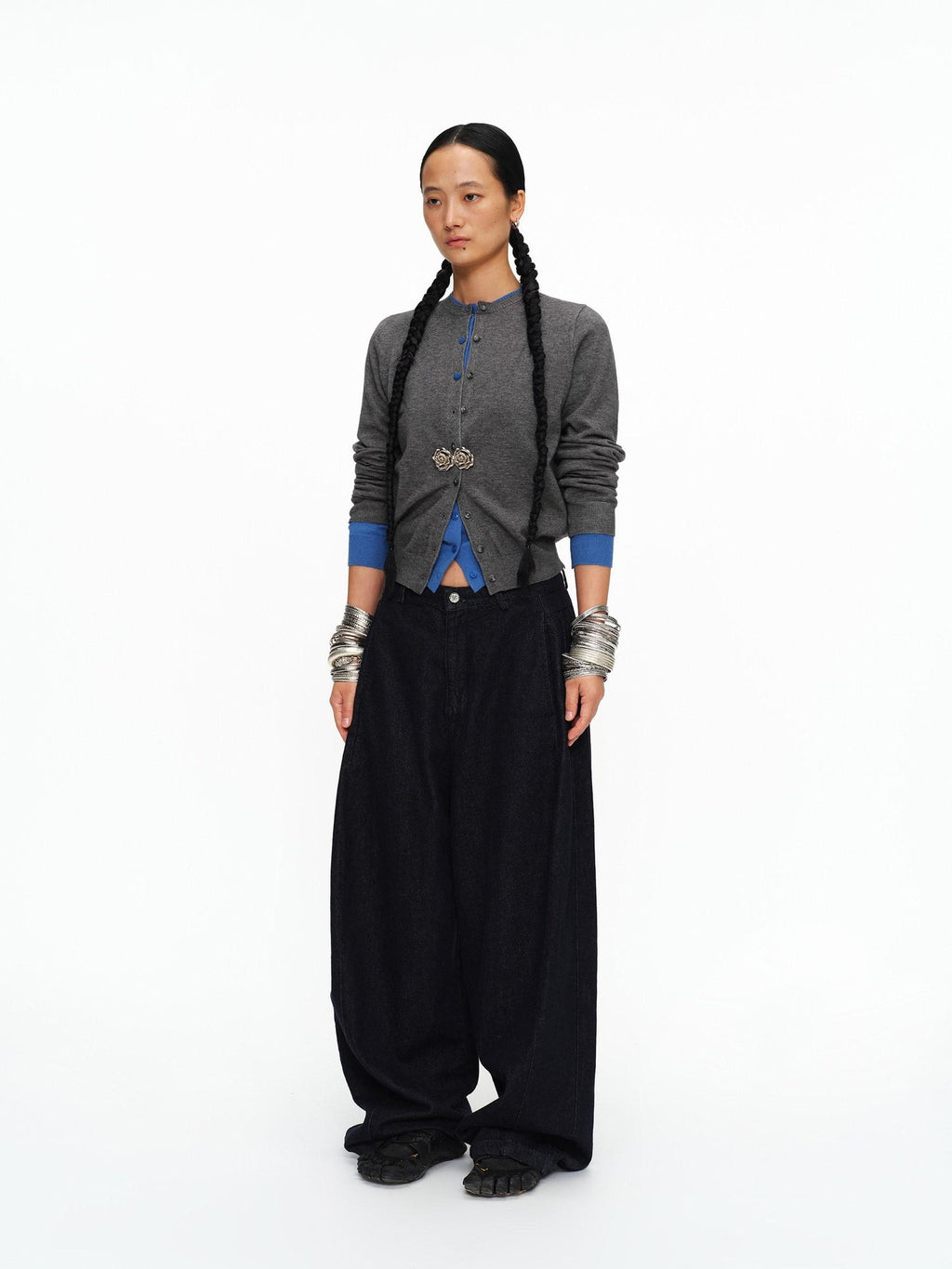 Soft Viscose Button Cropped Crew Neck Long Sleeve Women Heather Grey Cardigans