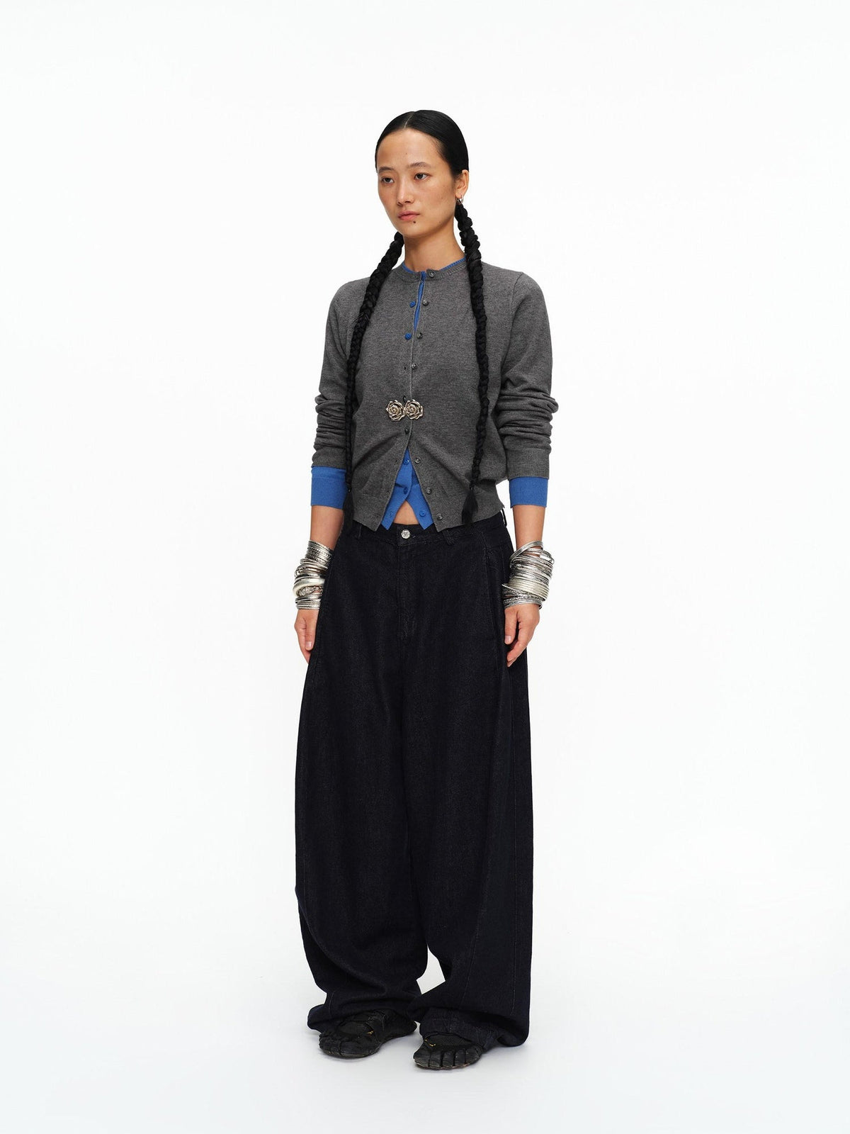 Soft Viscose Button Cropped Crew Neck Long Sleeve Women Heather Grey Cardigans