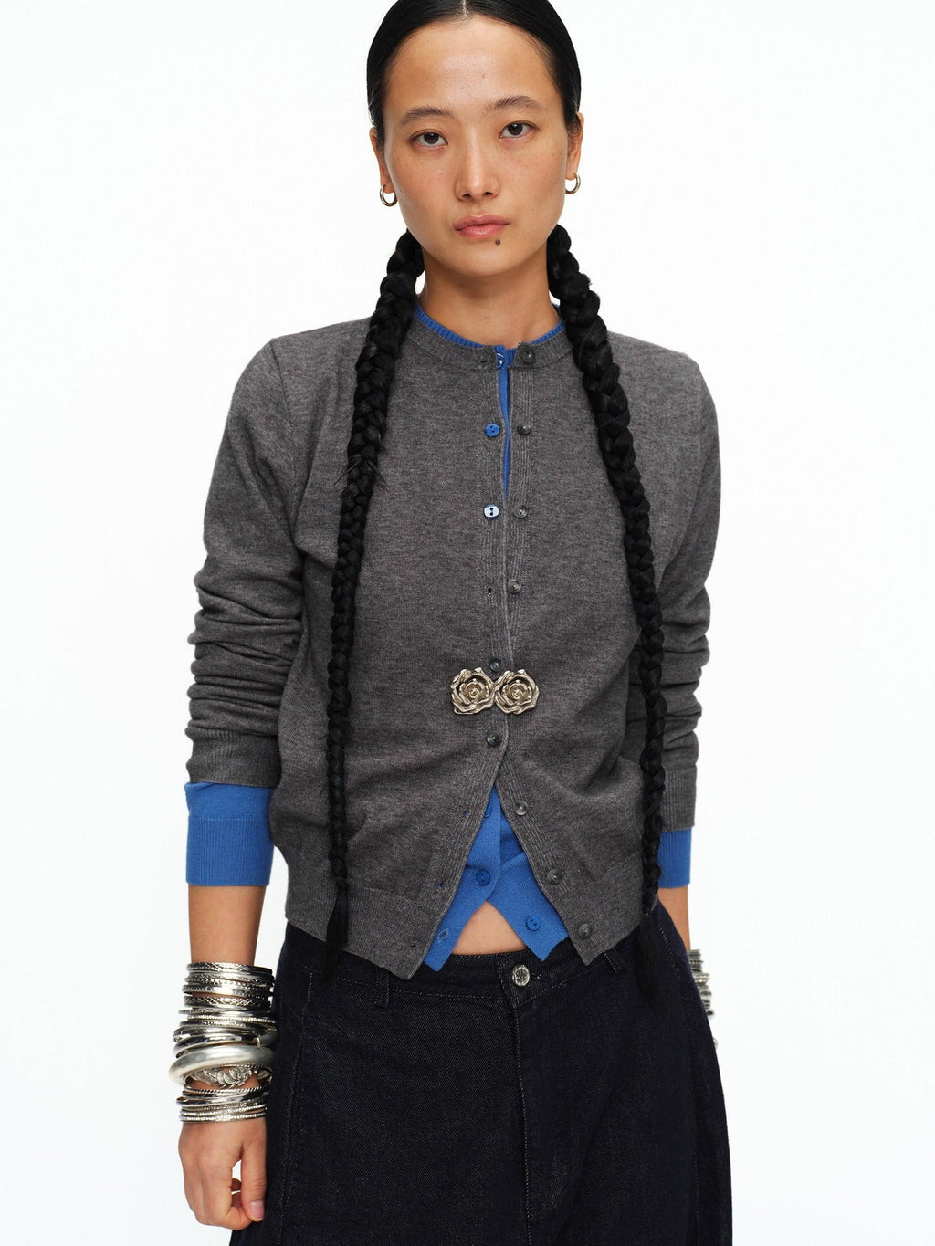 Soft Viscose Button Cropped Crew Neck Long Sleeve Women Heather Grey Cardigans