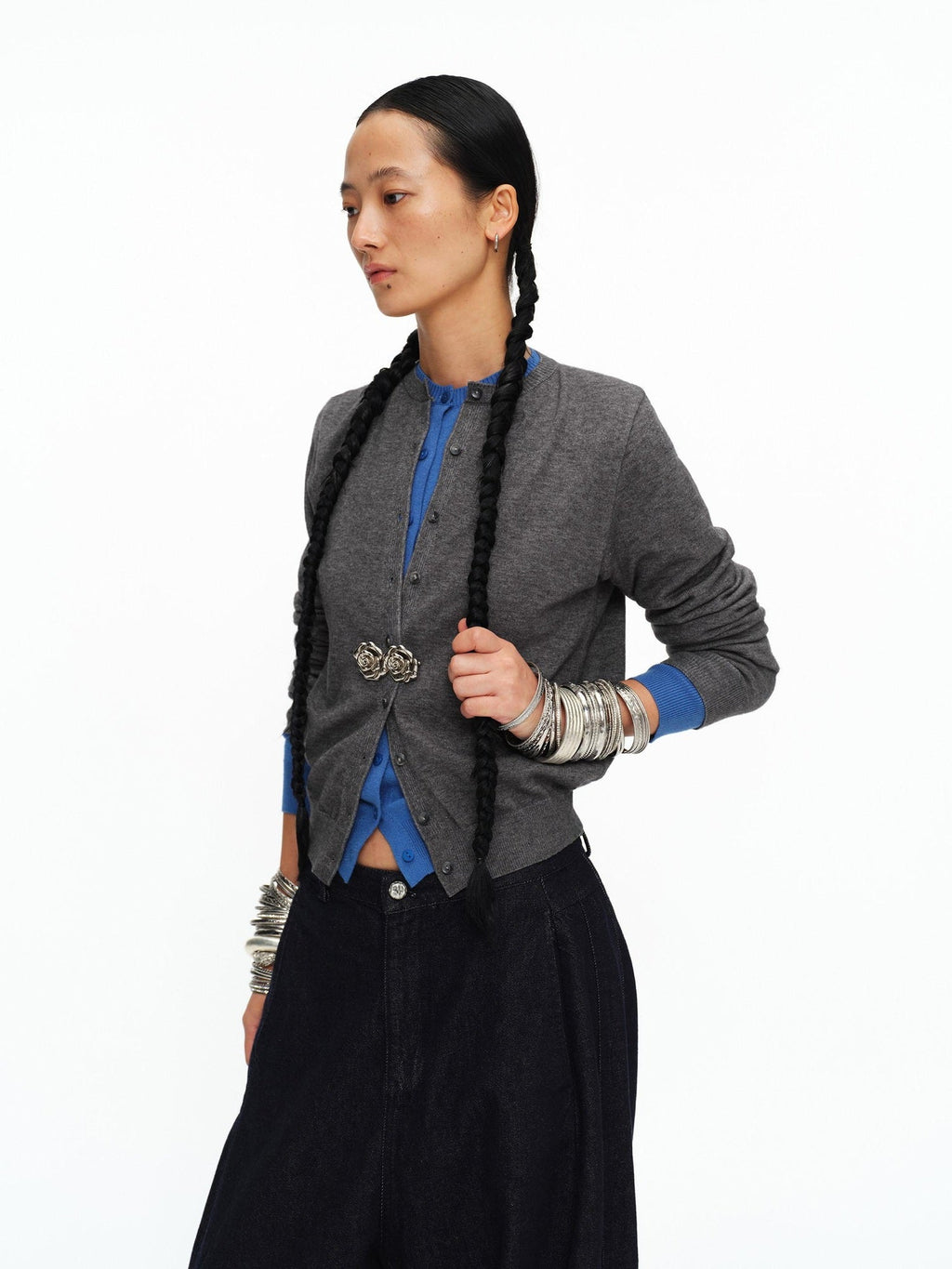 Soft Viscose Button Cropped Crew Neck Long Sleeve Women Heather Grey Cardigans