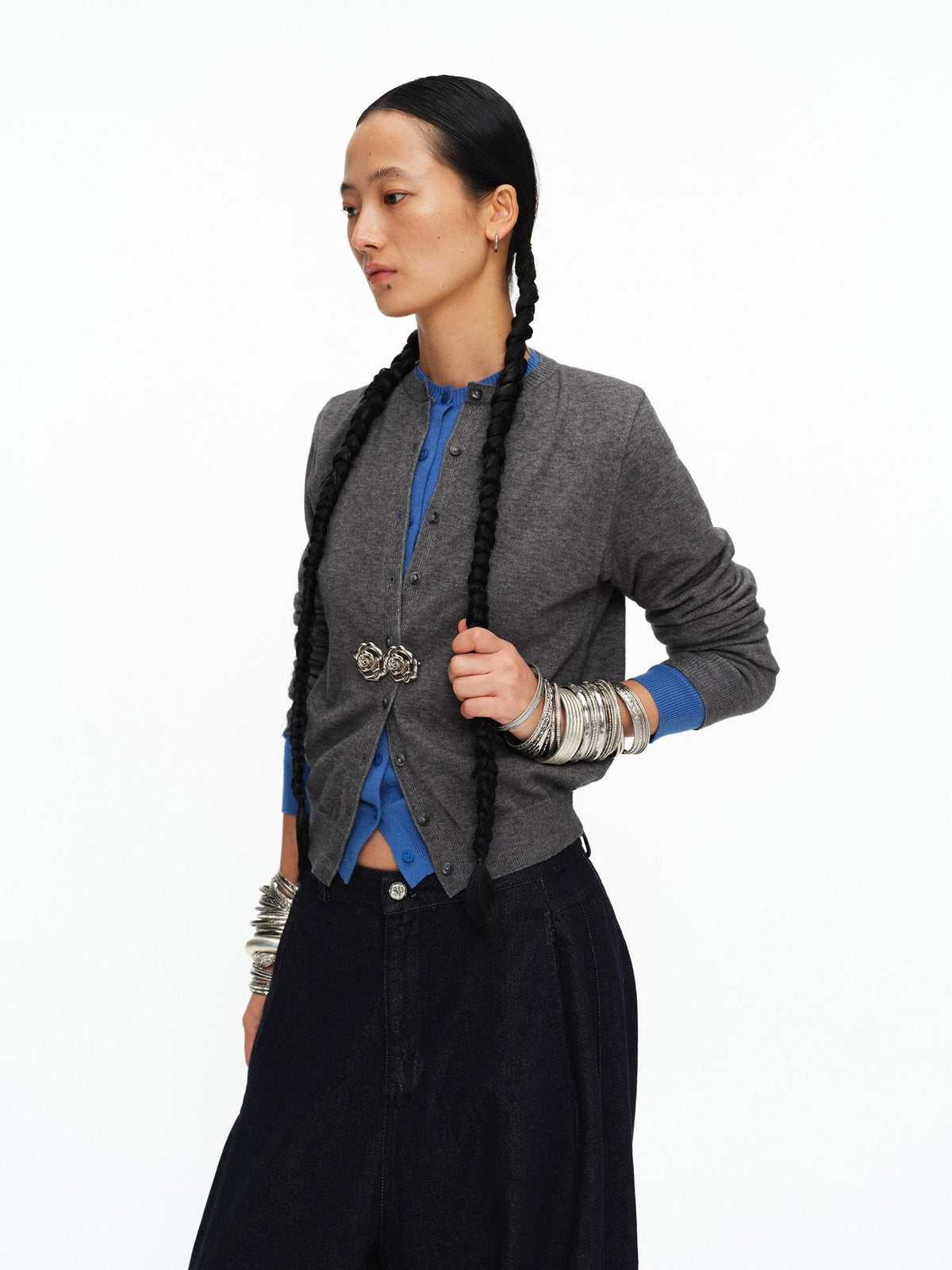 Soft Viscose Button Cropped Crew Neck Long Sleeve Women Heather Grey Cardigans