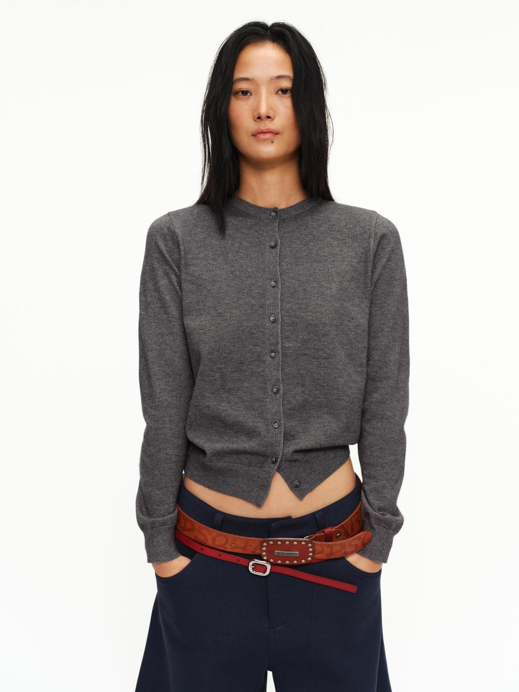 Soft Viscose Button Cropped Crew Neck Long Sleeve Women Heather Grey Cardigans