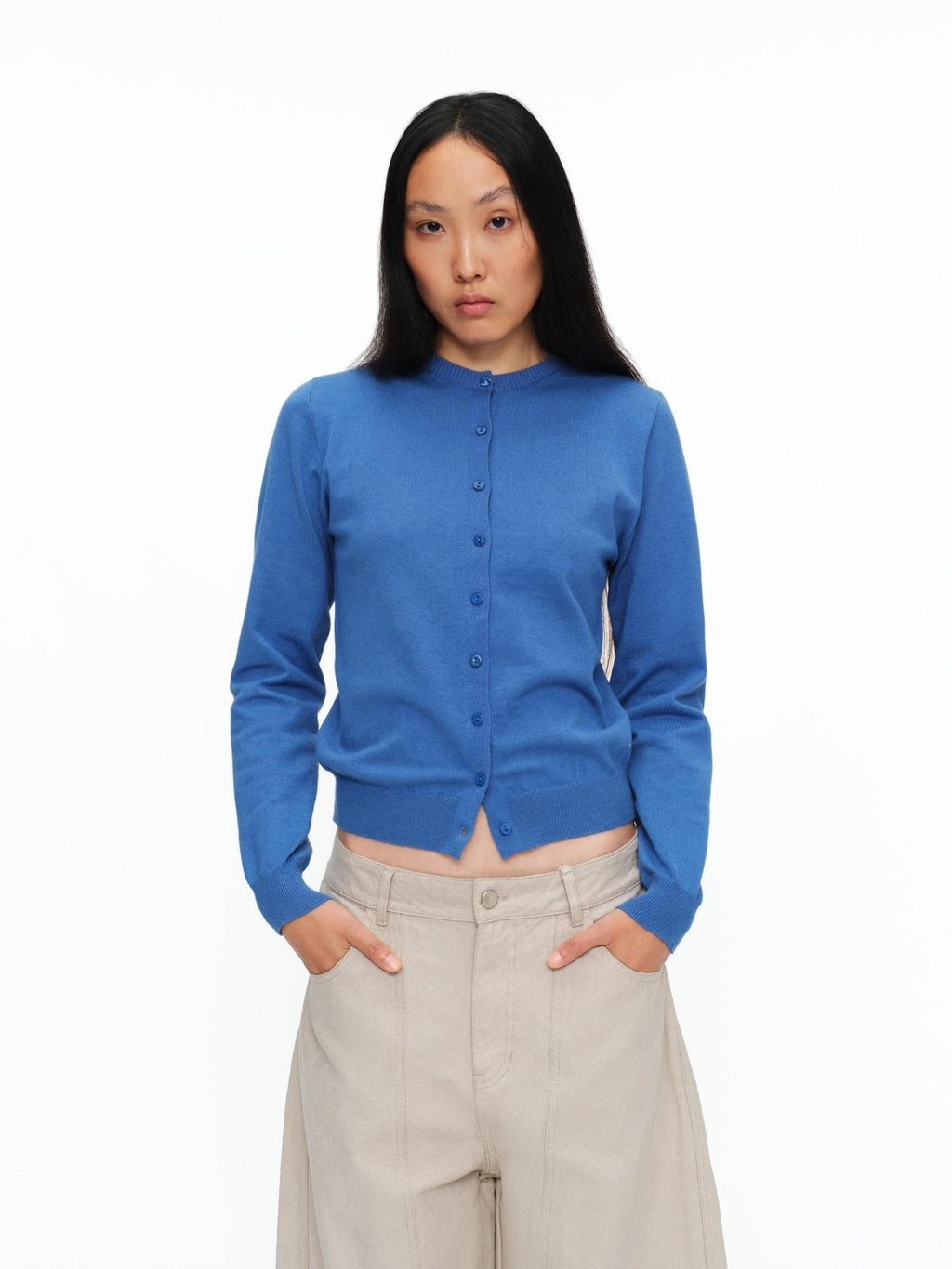 Soft Viscose Button Cropped Crew Neck Long Sleeve Women Heather Grey Cardigans