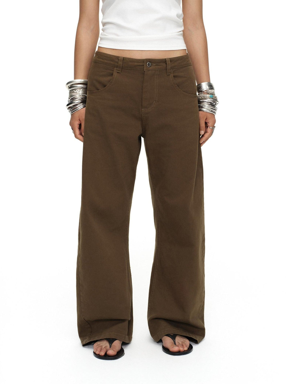Tea Brown Low Rise Enzyme Wash Button Fly Women'S Cotton Straight-Leg Jeans