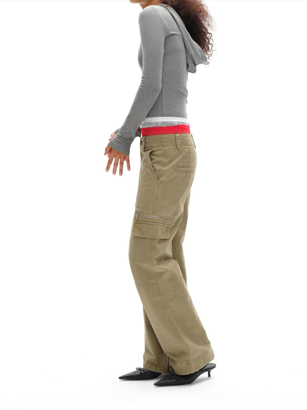 Vintage Khaki Multi Pocket Work Pants Low Rise Relaxed Fit Women Trousers