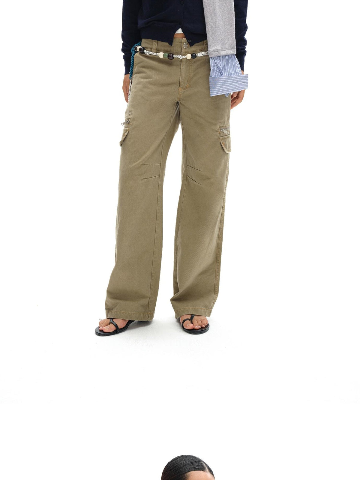 Vintage Khaki Multi Pocket Work Pants Low Rise Relaxed Fit Women Trousers