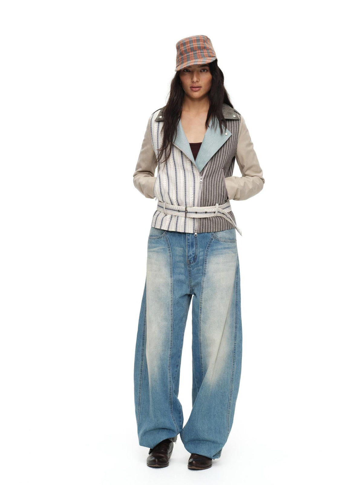 Vintage Striped Patchwork Colorblock Women'S Cotton Pu Moto Jackets