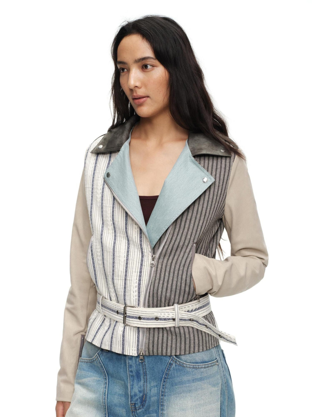 Vintage Striped Patchwork Colorblock Women'S Cotton Pu Moto Jackets