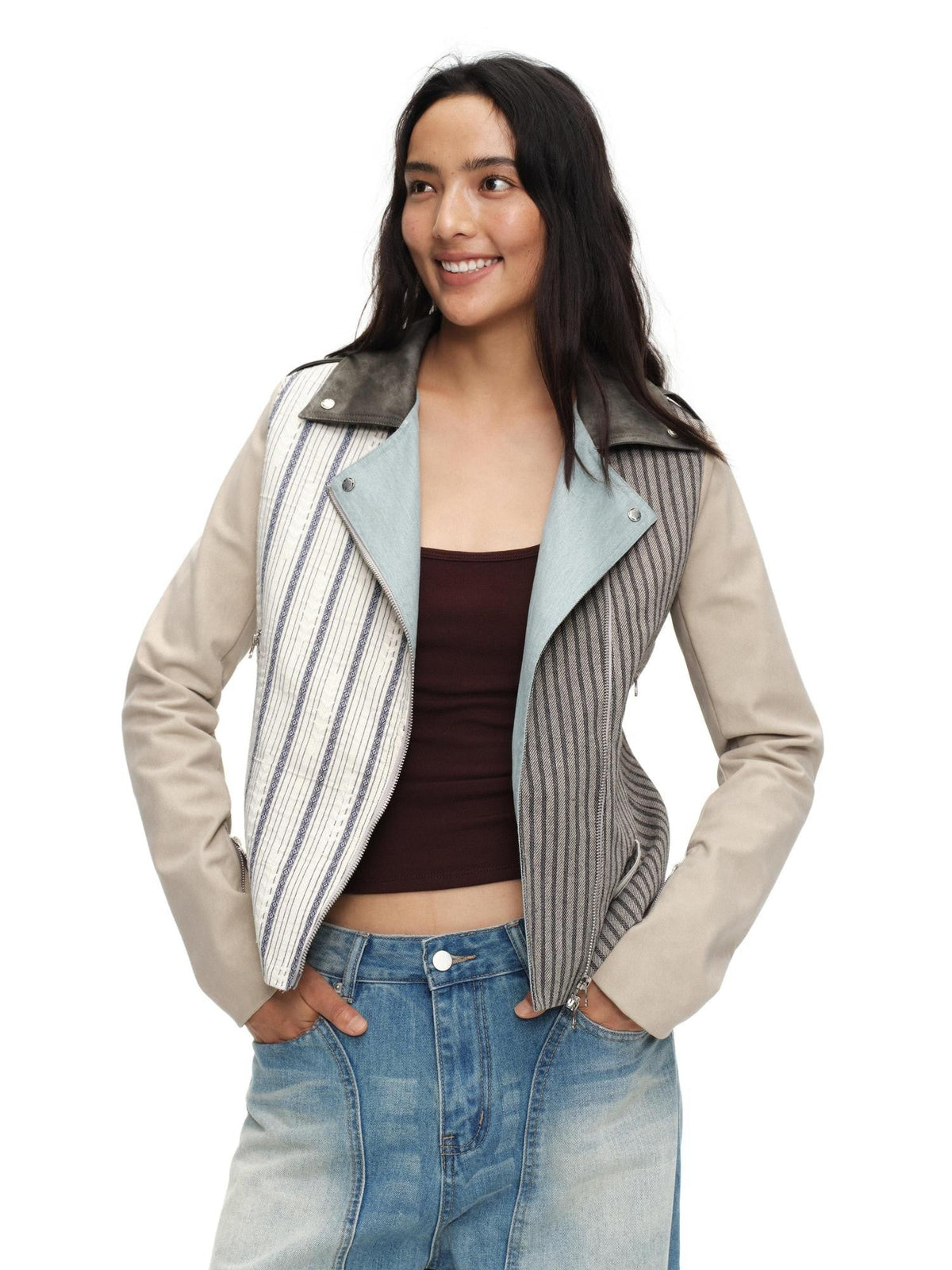 Vintage Striped Patchwork Colorblock Women'S Cotton Pu Moto Jackets