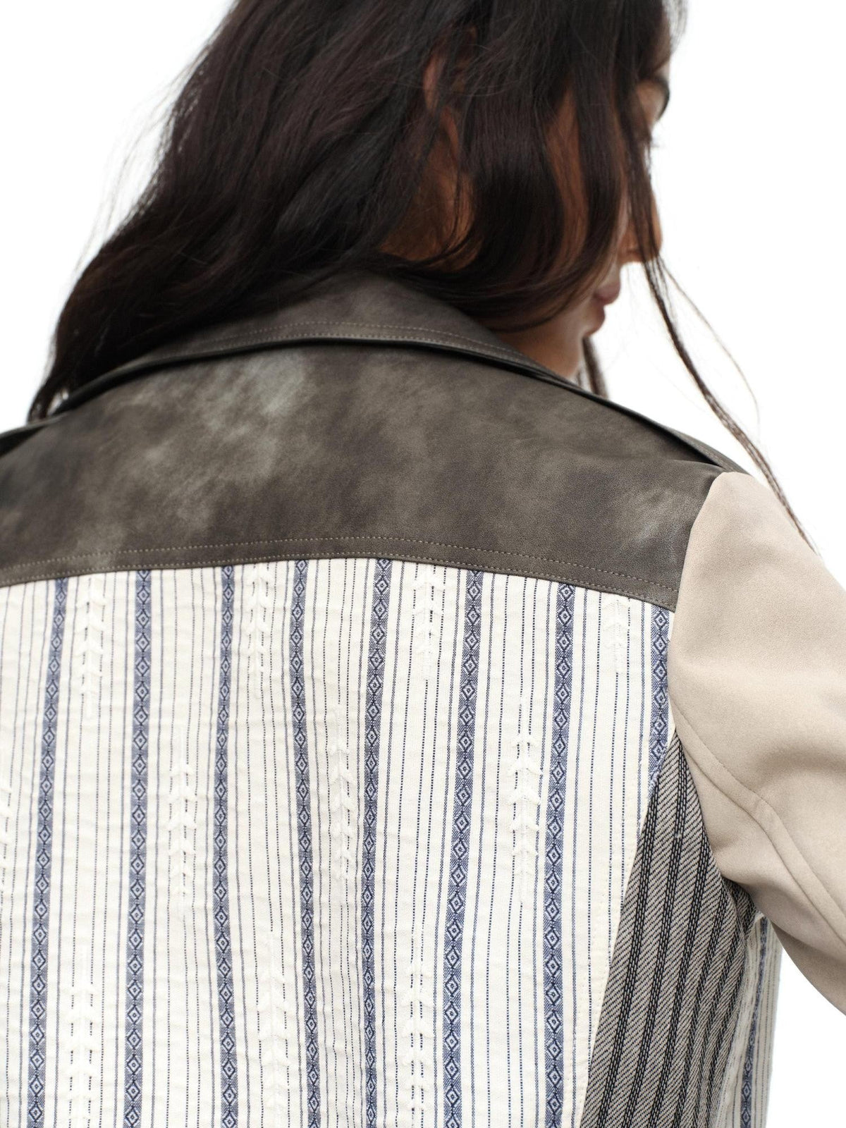 Vintage Striped Patchwork Colorblock Women'S Cotton Pu Moto Jackets