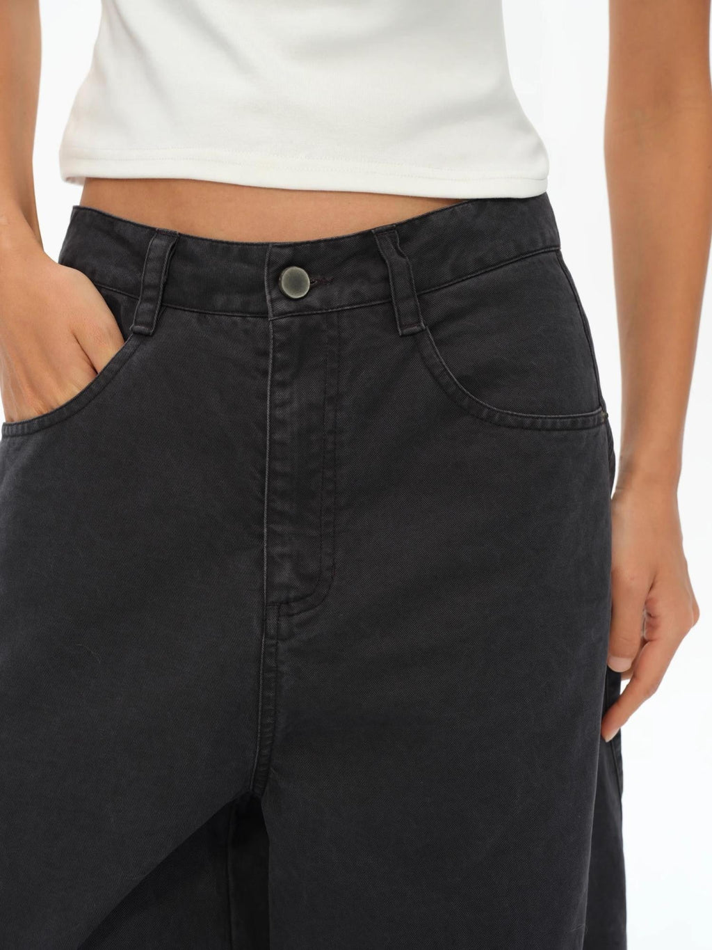 Washed Iron Gray Distressed Curved Zipper High Waist Women's Cotton Chinos