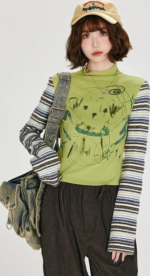 Girlyhalo |  RETRO STRIPED LONG-SLEEVE TOP【ID:TN00007】