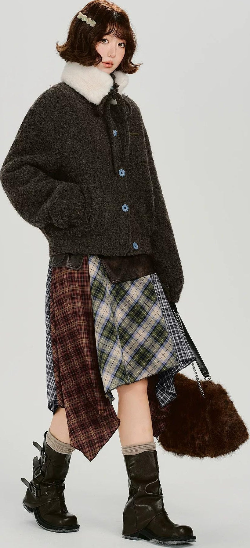 Girlyhalo |  RETRO FUR COLLAR TWEED JACKET【ID:TN00012】