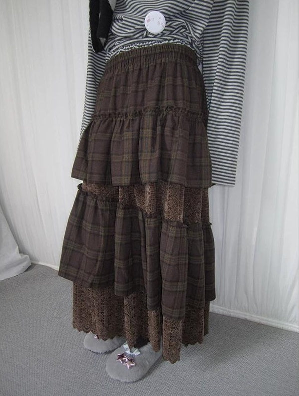3months | PLAID LACE MAXI SKIRT【ID:TN00051】