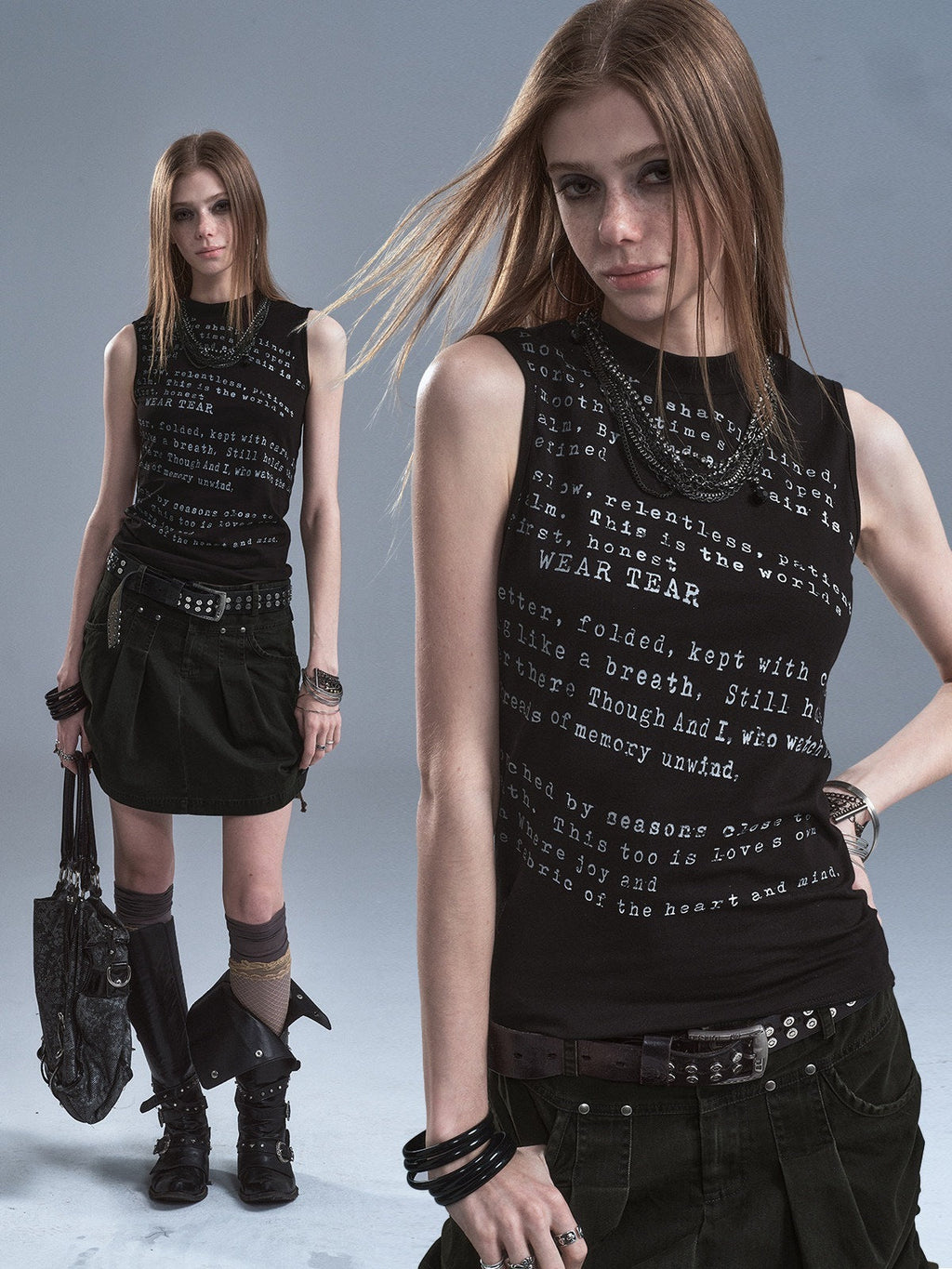 Black High Neck Distressed Letter Print Slim Women'S Cotton Tank Tops
