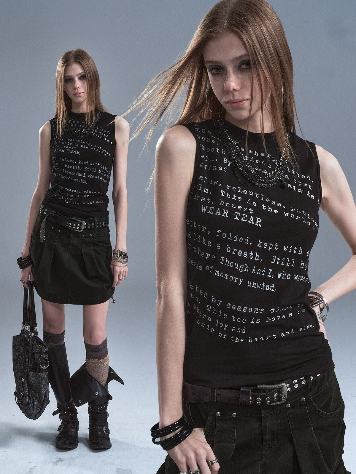 Black High Neck Distressed Letter Print Slim Women'S Cotton Tank Tops