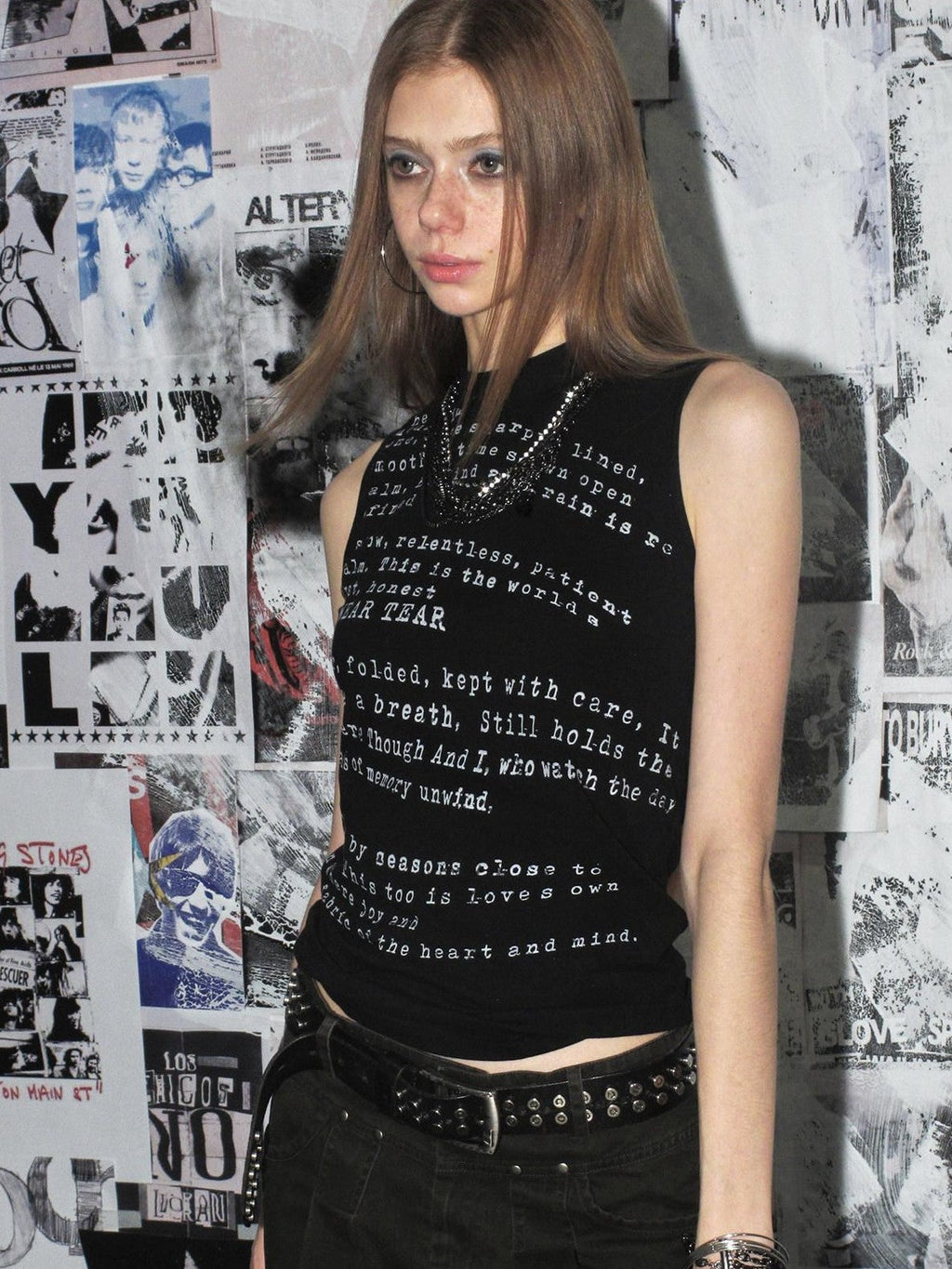 Black High Neck Distressed Letter Print Slim Women'S Cotton Tank Tops
