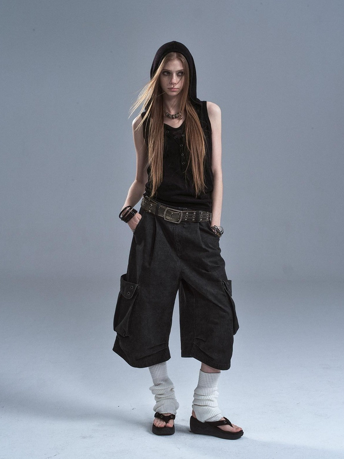 Black Hooded Contrast Kangaroo Pocket Faux Layered Women'S Cotton Tank Tops