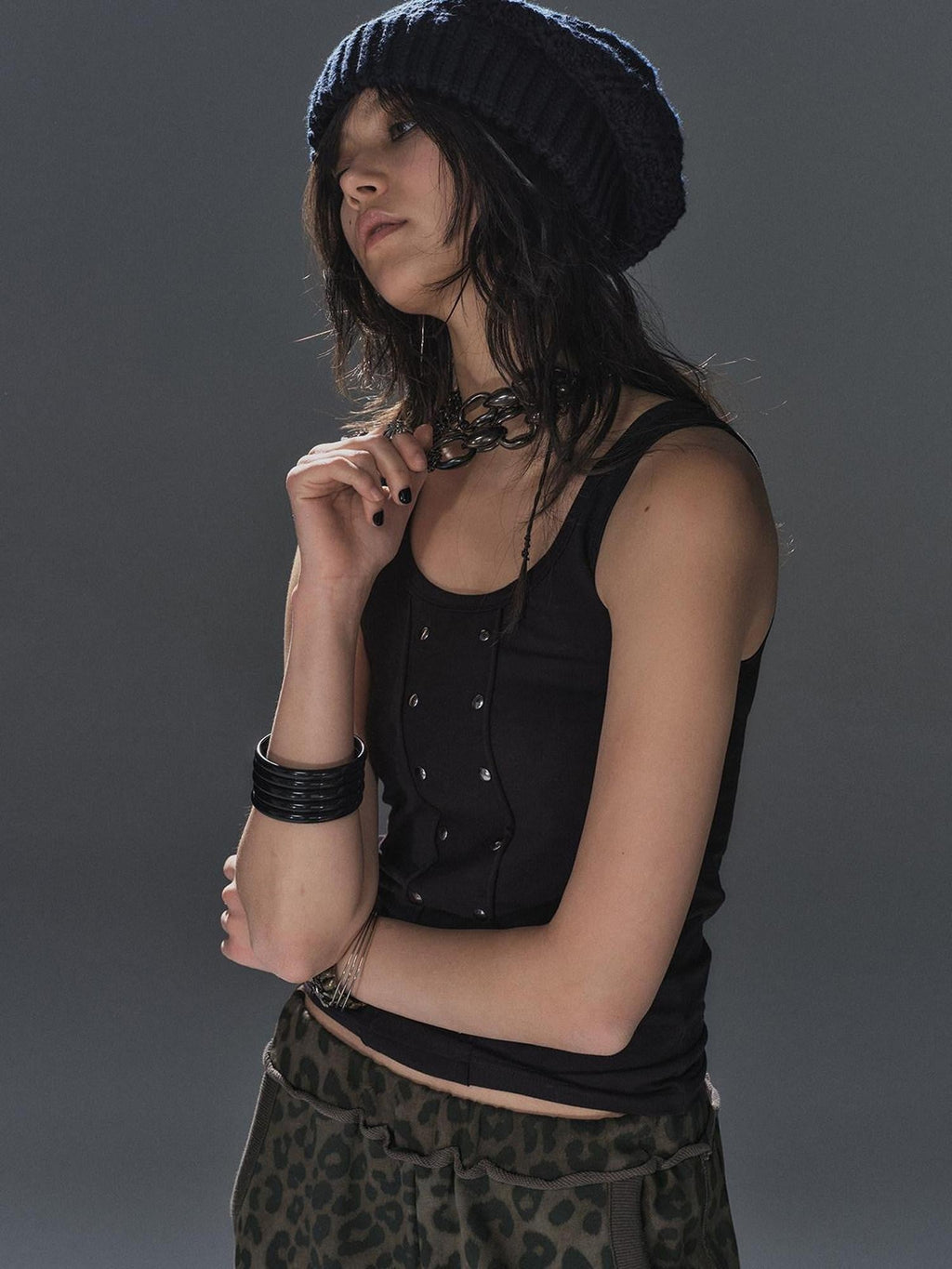Black Rhinestone Frayed Edge Street Punk Stretch Women'S Cotton Blend Tank Tops