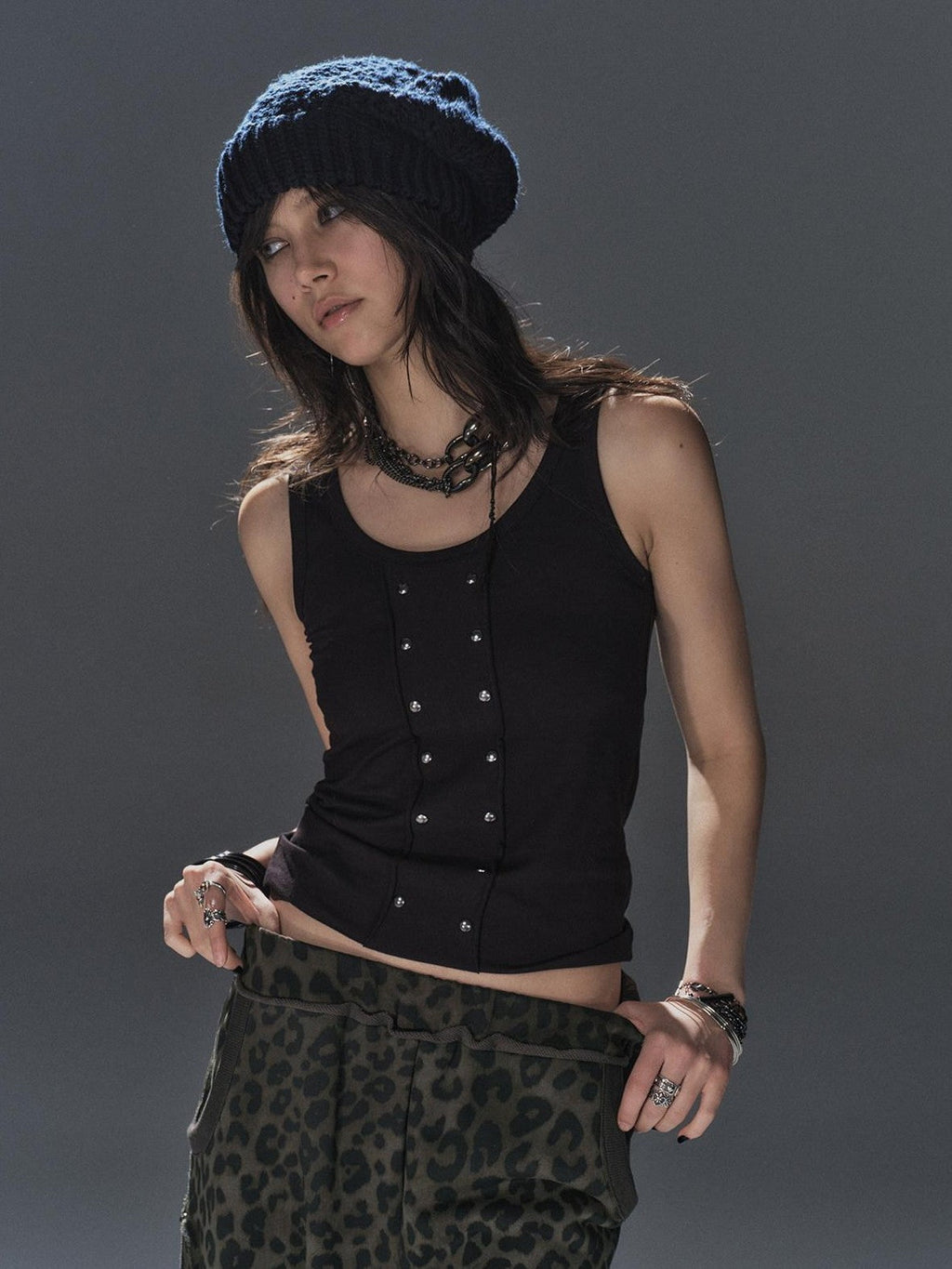 Black Rhinestone Frayed Edge Street Punk Stretch Women'S Cotton Blend Tank Tops