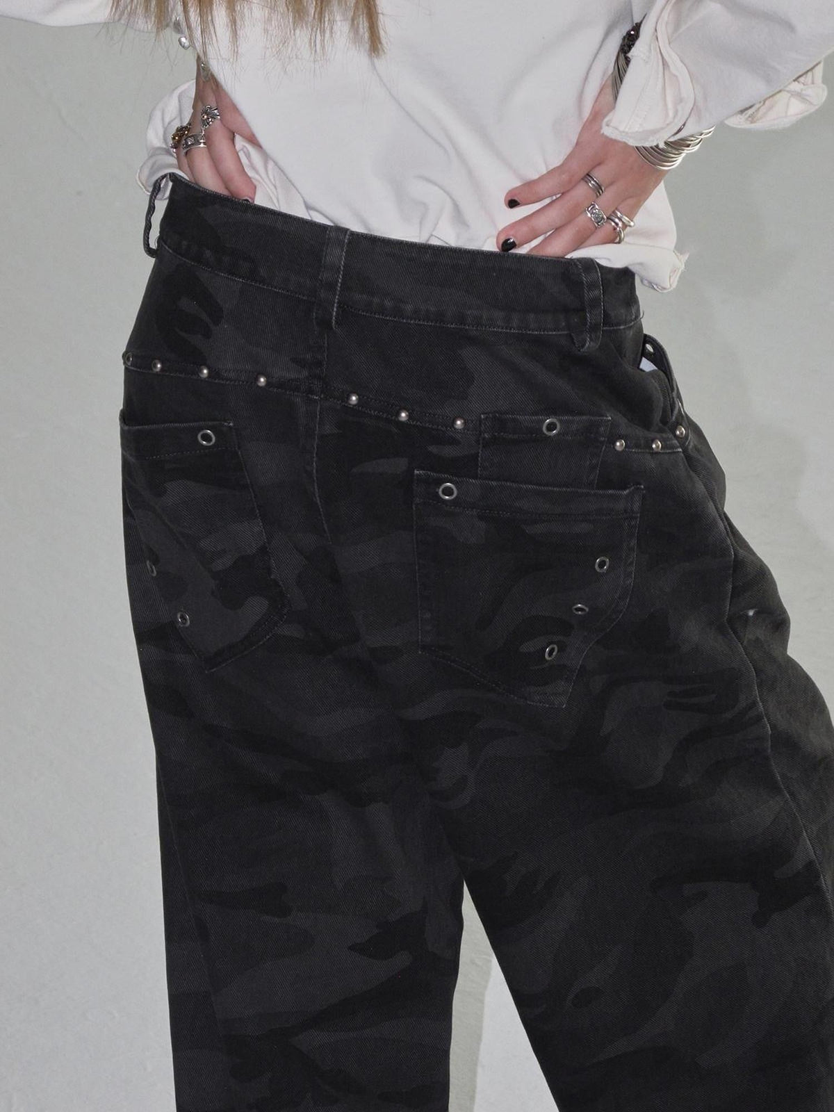 Camouflage Studded Pocket Split Wash Streetwear Women's Cotton Wide-leg Pants