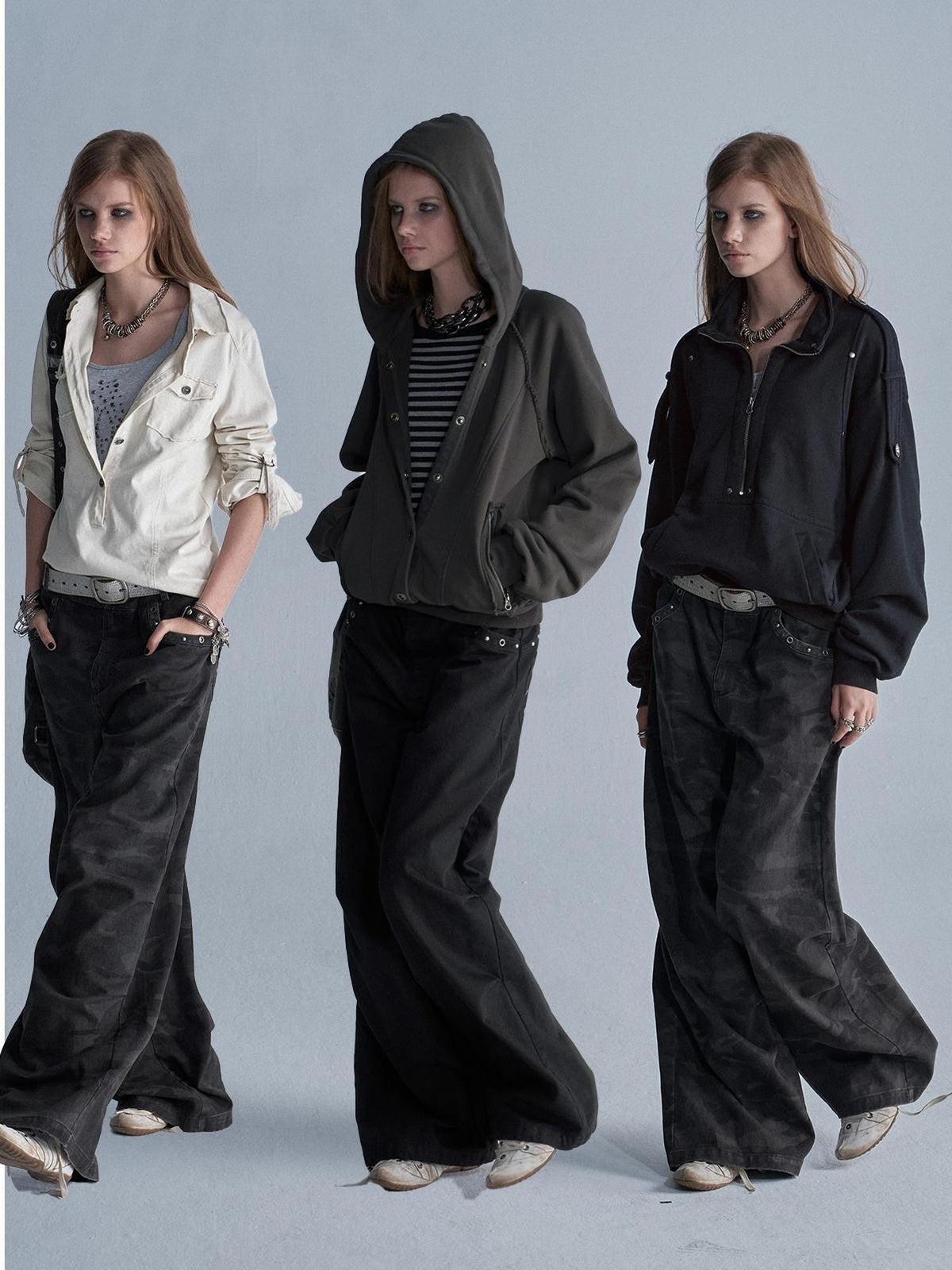 Camouflage Studded Pocket Split Wash Streetwear Women's Cotton Wide-leg Pants