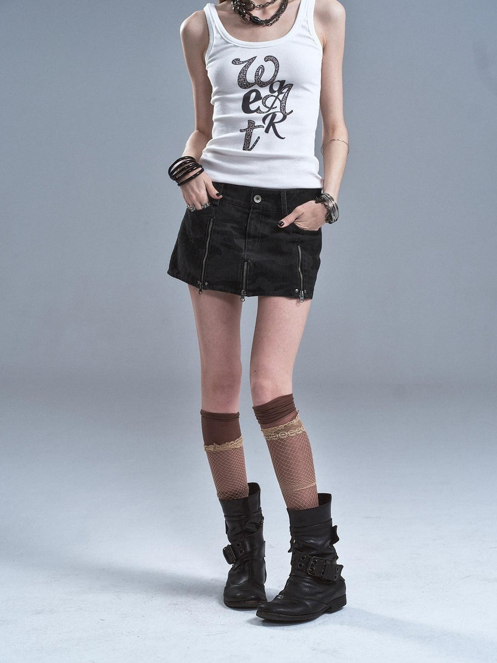 Dark Gray Camo Multi Zipper Studded Pleated Low Waist Women'S Cotton Mini Skirts