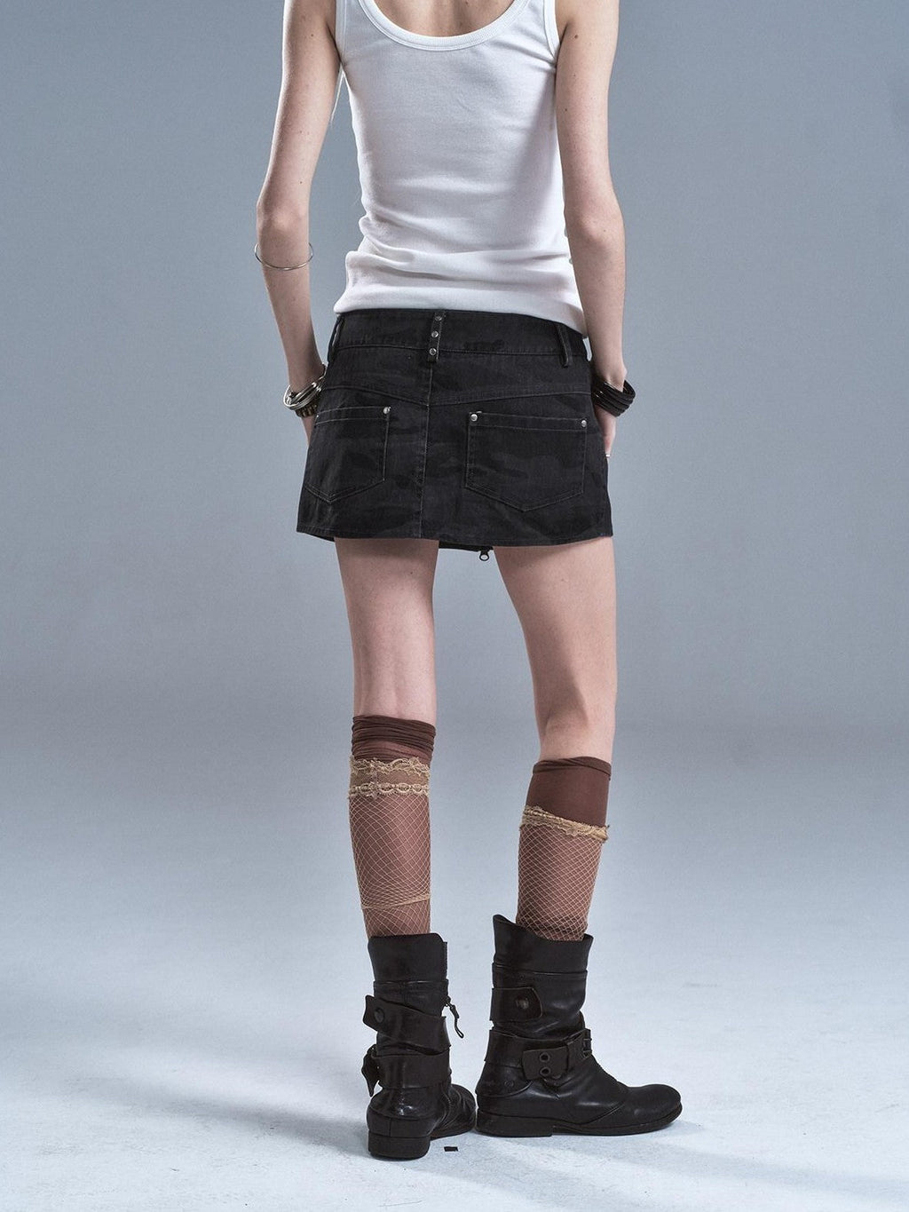 Dark Gray Camo Multi Zipper Studded Pleated Low Waist Women'S Cotton Mini Skirts