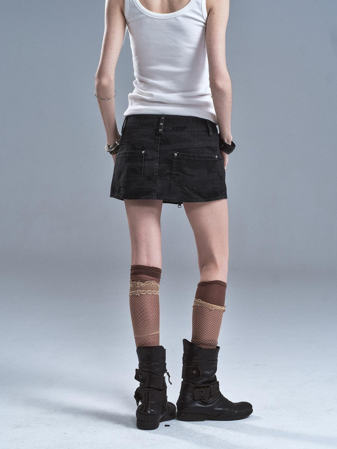 Dark Gray Camo Multi Zipper Studded Pleated Low Waist Women'S Cotton Mini Skirts
