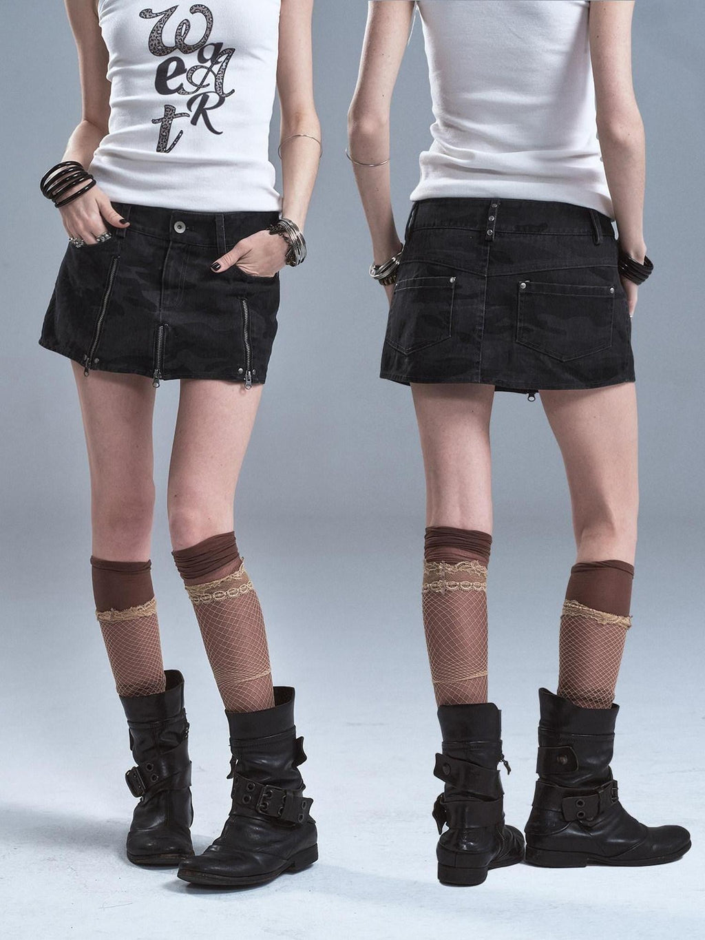 Dark Gray Camo Multi Zipper Studded Pleated Low Waist Women'S Cotton Mini Skirts
